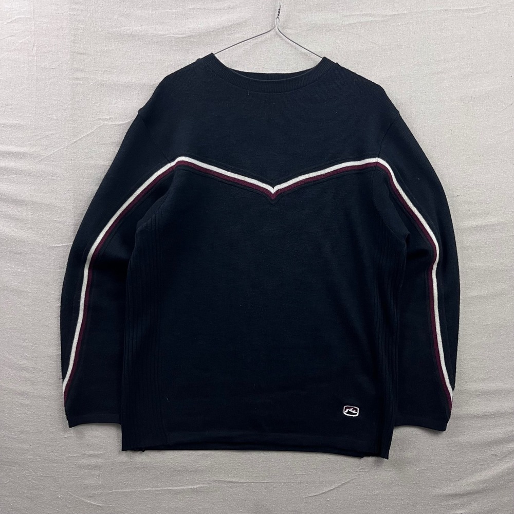 Vintage Rusty Surf Sweater Large Navy Blue Striped Chevron Crewneck Knit Logo
